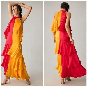 Anthropologie Pinnacle Shruti Sancheti Mock Neck Colorblock Ruffle Dress NWT